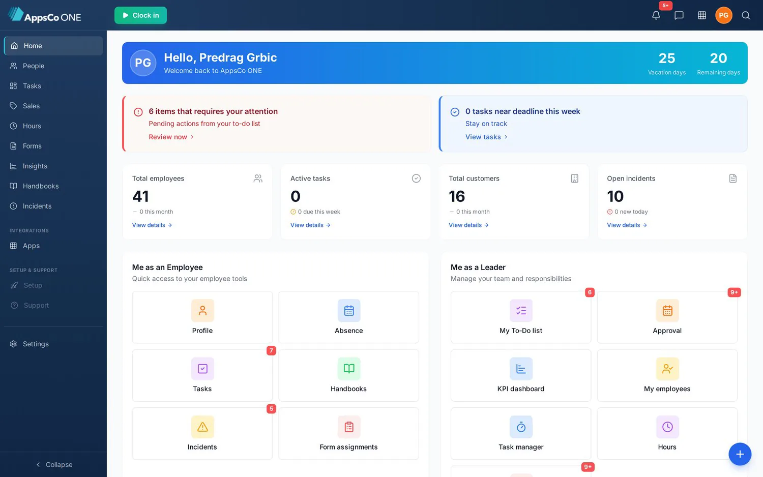 The personal home page in AppsCo — vacation balance, what needs attention and role-aware shortcuts