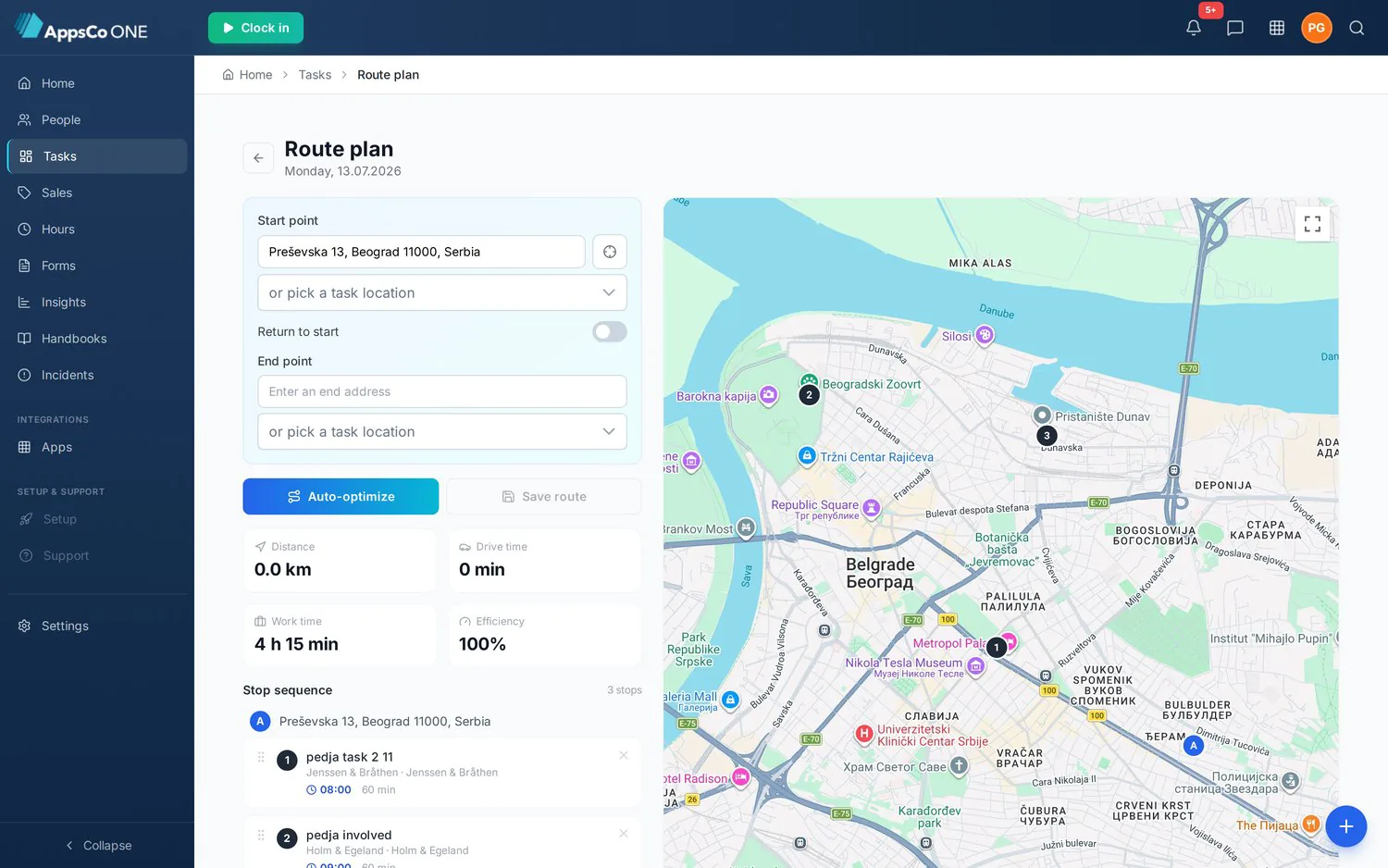 Route plan in AppsCo — auto-optimised stop sequence with arrival times, distance and drive time