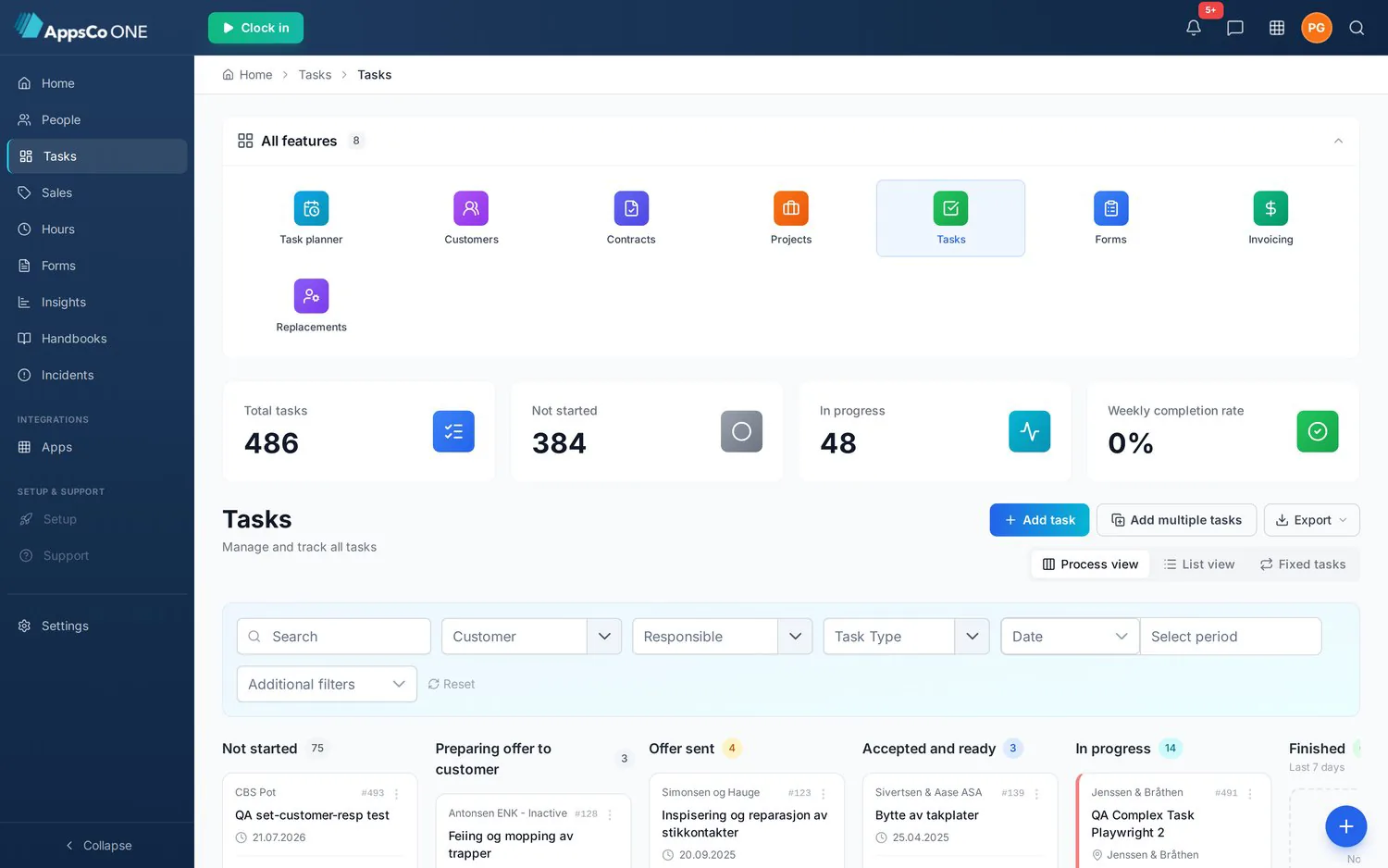 The tasks page in AppsCo — process board with counters and drag between status columns
